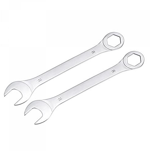 sourcing map Llave combinada delgada con extremo descentrado de 6 puntas y extremo abierto en ángulo, acero de alto carbono cromado espejo métrico, 30 mm, 2 piezas