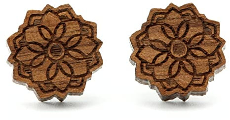 NaturSchatulle Holzschmuck Ohrringe Damen 12mm Mandala Gravur Holzohrringe Stecker 925 Silber Ohrstecker Schmuck Nussbaum Holz