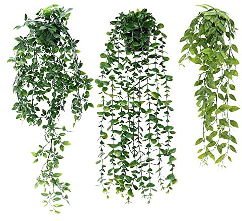 DXLing 3 Stück Künstliche Hängepflanzen mit Töpfen 63 cm 78 cm 80 cm Künstliche Pflanzen Rebe Künstliche hängende Efeupflanzen drinnen in Töpfen für Zuhause, drinnen und draußen