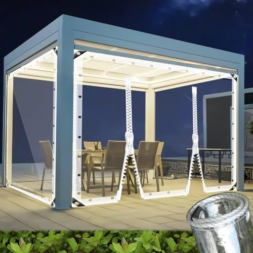 AMXFS Transparente Plane mit ösen 0.35mm wasserdichte 2x2m Glasklar | Pavillonvorhang 0.35mm Pflanzenschutzplane Regen-Vorhänge Allzweckplane Tarps 400g/m² mit 2 Reißverschlüssen für Terrasse