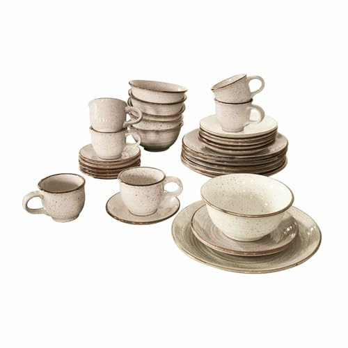 LOBERON Geschirr 30er Set Murray, beige | Rustikales Design, Stilsichere Sprenkel-Optik mit Farbrand, Spülmaschinen- und Mikrowellenfest, Tischaccessoires, Steingut