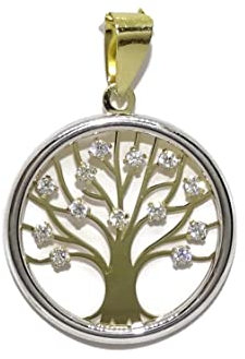 Never Say Never Bellissimo ciondolo in oro 18 K, albero della vita in oro giallo e oro bianco 18 K con 13 zirconi., cm, Oro, Zirconi