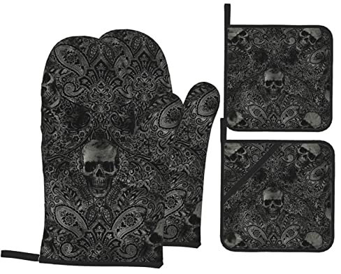4 Stück Ofenhandschuh Und Topflappen Set Vintager Gruseliger Schwarzer Gotischer Totenkopf-Damast Ofenhandschuh Baumwolle Küche Ofenhandschuh Lustig Topflappen-Set Für Backen, Geschenke