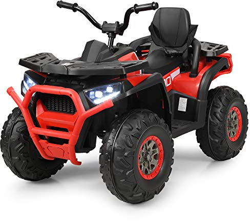GYMAX Kids Ride on Quad Bike，12V Children Electric ATV w/LED Light，2 Speeds，USB/MP3/TF，Safety Belt & Spring Suspension，Battery Powered Toy Car 3 Years Old + Boys Girls (Red)