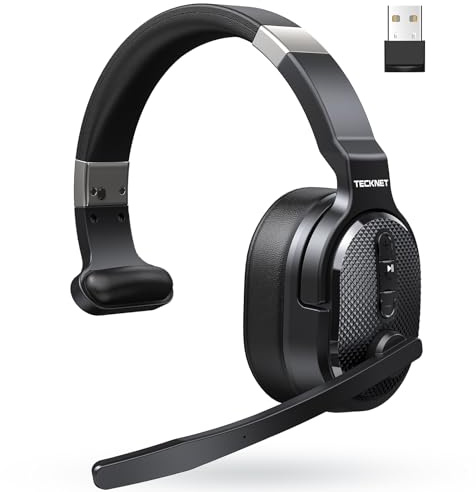 TECKNET Trucker Bluetooth Headset, Stable V5.2 & USB Dongle Connection, 70h Wireless Bluetooth Headsets with Mic and Mute, ENC Noise Canceling, Headset for Truck Drivers, Cell Phone, PC Comfort Office