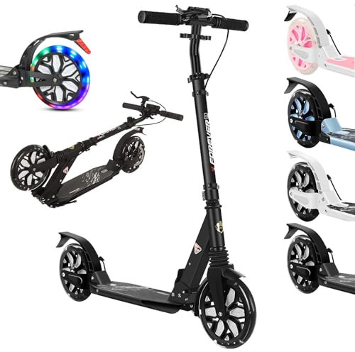 Tretroller Scooter Erwachsene mit Big Wheel Räder & Tragegurt- City Roller klappbar- Roller Kinder- Klappbar Lenker -m/hinterradbremse und Stoßdämpfer, 4 Höhenverstellbar, 150 kg Tragkraft,Schwarz