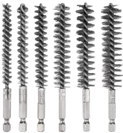 sourcing map 6Pcs Bore Brush Stainless Steel 8mm,10mm,12mm,15mm,17mm,19mm Dia Cleaning Twisted Wire Brush Tube Pipe Cleaner with Handle 1/4 Inch Hex Shank for Tubes, Ports, Bearings