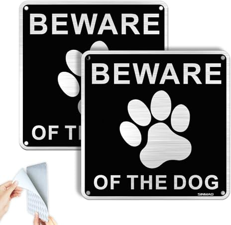 SINMAO Beware of the Dog Sign Sticker Aluminum Brushed 15x15cm Waterproof Rustproof and UV Protection for Indoor and Outdoor Pack of 2