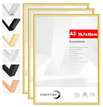 HIMEETIME® 3x Bilderrahmen A3 30x42 cm Gold Metall Rahmen,Dokumentenrahmen 29,7x42 cm Groß Collage,Metallrahmen Alu-Bilderrahmen Aluminium,Picture Frame A3 Fotorahmen
