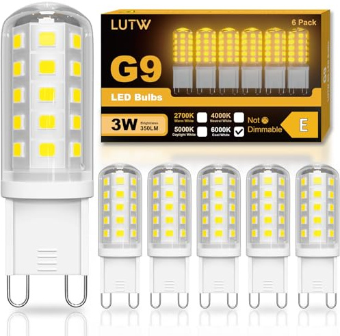 LUTW G9 LED Bulbs Cool White 6000K, 3W = 40W 350LM, AC 220-240V, 6 Pack | Energy Saving G9 Light Bulbs for Chandelier, Lighting Decor, Ceiling Lights, Wall Light, Non-dimmable, No Flicker