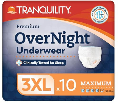 Tranquility Premium Overnight Disposable Absorbent Underwear (10 Count) - XXXL, 75-95 in. Waist - Maximum Absorbency, All-Night Sleep, Breathable Comfort, Adult Diapers