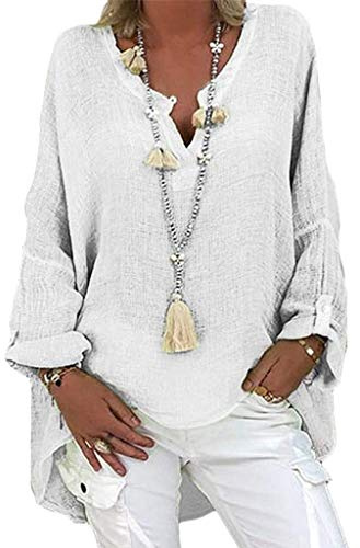 KOG Outlet Angebote Langarmshirt Damen Langarm Leinenbluse Kleidung Einfarbig T-Shirt Warm Baumwolle Leinen Tunika Frau Oberteile Retro Tops Frauen Rundhals Slim Fit Gutscheine Weiß M