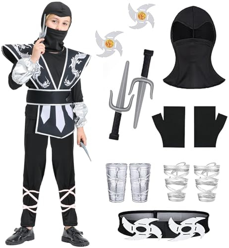 XCMVCN Set Costume Ninja per Bambini con Accessori Ninja Costume di Carnevale Costume di Halloween Giochi di Ruolo Ninja Costumi di Carnevale (Nero Argento, XL)