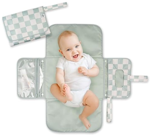 Tiny Twinkle Portable Diaper Changing Pad | Waterproof, Wipeable & Compact Baby Changing Pad for Travel | Smart Wipes Pocket & Organized Storage| Newborn Shower Gift (Sage Checkers)