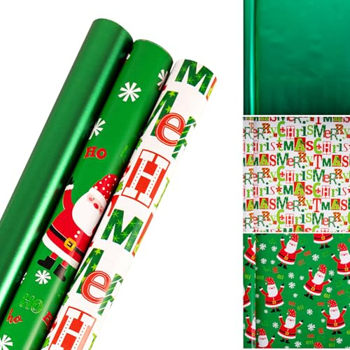 Presentomslagspapper, kraftpapper jul födelsedag omslagspapper rulle för födelsedagspresent fest juldekorationer – 3 rullar – 43 cm x 300 cm per rulle (2grön1 vit)