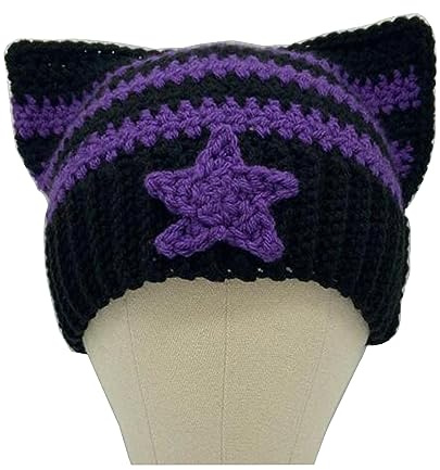 CYILPR Strickmütze, gestrickt, für Damen, Katzenohren, handgefertigt, gehäkelt, modisch, Sternenhut, Winter, warme Kopfbedeckung, schwarz / lila, Einheitsgröße
