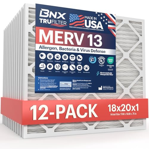 BNX TruFilter 18 x 20 x 1 Luftfilter MERV 13 (12er-Pack), hergestellt in den USA, elektrostatisch, plissiert, Klimaanlage, HVAC, AC-Ofenfilter für Allergien, Pollen, Schimmel, Bakterien, Rauch,