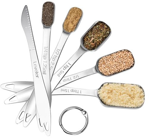 U-Taste 18/8 Stainless Steel Measuring Spoons, Square Metal Measure Teaspoon Tablespoon with Leveler for Dry or Liquid Ingredients Cooking Baking, Fits in Spice Jar (Set of 6, Silver)