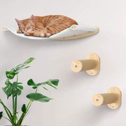 Kletterwand Katzen,Wand montierte Katze-Hängematte, Katzenzubehör aus natürlichem Kiefernholz,Katzen Kletterwand Set,Geeignet für Katzen zum Klettern, Schlafen und Spielen