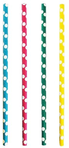 Monouso | 100 Pajitas Rectas de Papel Puntos Enfundadas, Colores Variados, 24cm, Ø8mm, Biodegradable, Reciclable, Desechable, Ideal para granizados, Smoothies, Cañitas de cartón, Pajitas de colores.