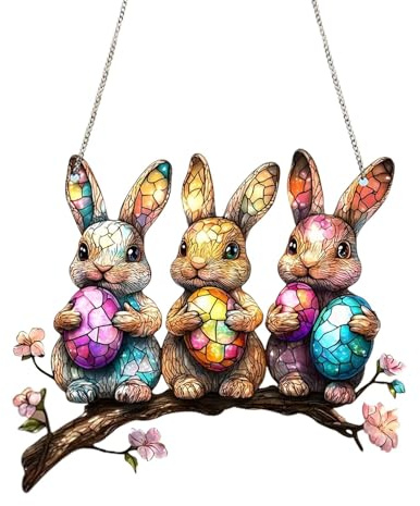 Osterhase Glasmalerei Sonnenfänger, Hase Sonnenfänger Mit 60cm Kette, Acryl Indoor Outdoor-Dekoration, Bunny Dekors Fenster Hängenden Panels, Geschenk Zum Einzug, Osterdeko, 18 * 20cm, Bunt