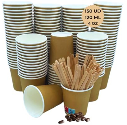 Vasos Café Desechables | Vasos Desechables de Café, Aptos para Bebidas Frías y Calientes | 150 Vasos de 120 ml y 150 Paletinas de Madera, Color Kraft