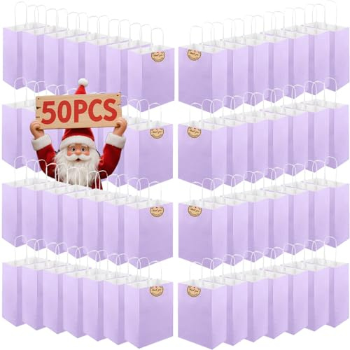 50 pièces de petits sacs en papier avec poignées, sacs cadeaux en papier format A5, sacs kraft épais de 130 g pour fêtes, achats, comprend des étiquettes pour faveurs, anniversaires, mariages, achats
