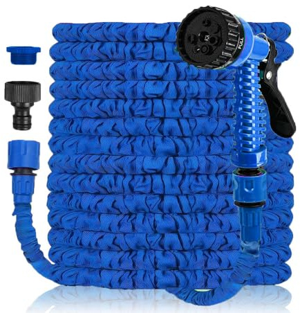 Flexibler Gartenschlauch, erweiterbares Rohr, auslaufsicher, dehnbarer kleiner Wasserschlauch mit 7 verstellbaren Funktionen, Sprühdüse für Autowäsche, Reinigung, Bewässerung, Zuhause, Rasen, Blau