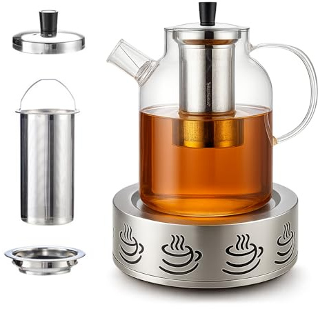 MeYuxg Teekanne mit Siebeinsatz, 1800Ml Teekanne mit Siebeinsatz und Stövchen, Deckel und Sieb Abnehmbar, TeekanneGlas Set, zum Erhitzen von Tee, Früchtetee, Kaffee