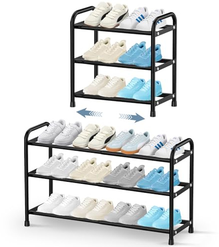NIAWECAN Expandable skohylla, 3 nivåer justerbar skohylla smal, metall utdragbar skohylla liten, svart skohylla platsbesparande för hall, skåp, hall, sovrum