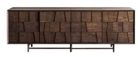 Buffet moderne en bois massif texturé géométrique – Console TV de salon contemporaine, grand meuble de rangement avec motif abstrait en relief, support multimédia minimaliste finition noyer
