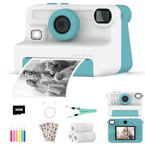 AMZSA Appareil Photo Instantané Enfant avec Impression, Caméra Numérique 1080P Vidéo, Cadeau garçons Fille 3 4 5 6 7 8 9 10 11 12 Ans Anniversaire Noël, Jouet Caméra avec Carte 32Go et 6 Stylos