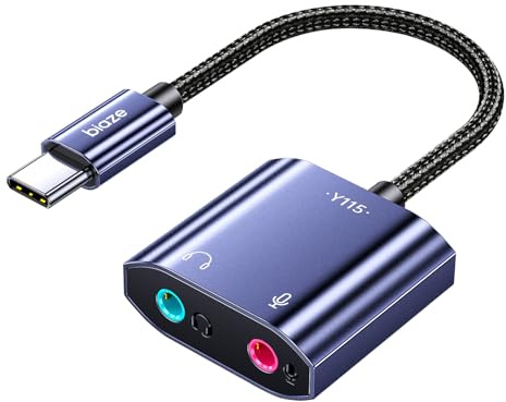 Biaze Y115 USB C till 3,5 mm ljudadapter externt ljudkort med 3,5 mm hörlurar och mikrofon TRS-uttag till typ CKompatibel med Windows, bärbara datorer, stationära datorer Windows, MAC, Linux, PC, PS5