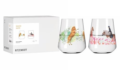 RITZENHOFF 8086006 Universal Glas 2er-Set 0,6 l, Serie Reitgold - Anja Fee Edition mit eleganten Reitszenen und lebendigem Design – Made in Germany