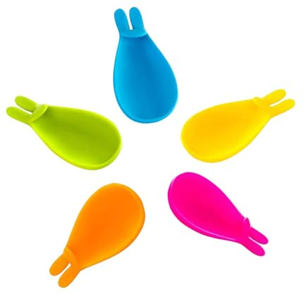 Veemoon 5 pezzi Portabustine Tè in Silicone Flessibile Forma di Coniglio Supporto per Sacchetti Tisane da Appendere Tazza Clip Porta Cucchiaio e Bustine per Cucina