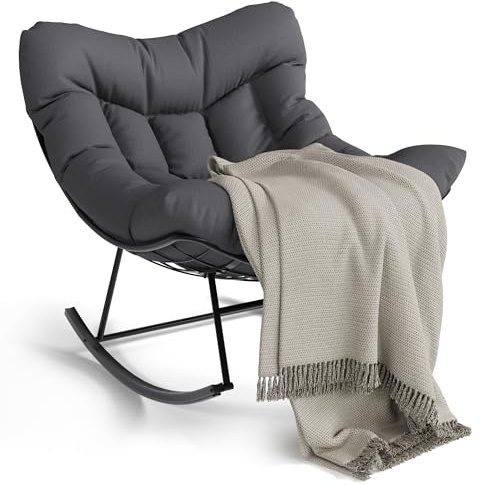 GarveeHome Outdoor Papasan Schaukelstuhl, Überdimensionierter Rattan Lounge Sessel mit Kissen und Metallrahmen, Patio Rattan Ei-Rocker für Balkon, Garten, Veranda, Schlafzimmer, Grau