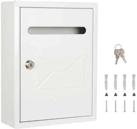 Buzón Metálico de Pared para Exterior o Interior con Cerradura de Llave, Buzones de Fachada con Anclaje en Pared, Instalación Fácil, 26x20x8cm. (Blanco)
