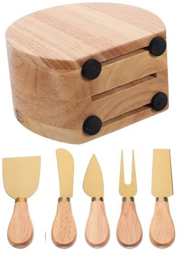 SHINEOFI Ensemble Couteaux à Fromage Inox Support Bois, 5 Pièces Multifonction pour Service et Préparation, Ustensiles la Cuisine Essentiels pour Plateau Fromage et Dégustation