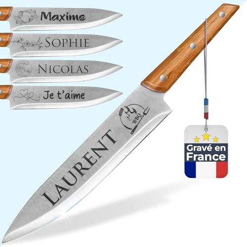 Coltello da Cucina personalizzato - Coltello da chef personalizzabile - Manico in bambù - Lama in acciaio inossidabile inciso - regalo di festa del papà - idea regalo per l'uomo, papà (Classico)