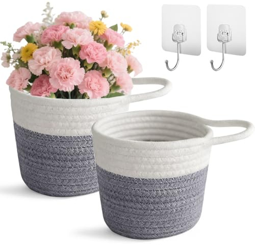 2 stycken hängande korgar av bomull, arrangör, förvaringskorg, väggkorgar med handtag 15 x 15 cm, förvaringskorgar för kök badrum sovrum vardagsrum (vit och grå)