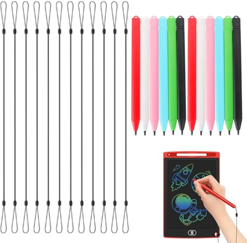 12 Bolígrafos de Repuesto para Pizarra LCD con Cuerda Antipérdida, Lápiz para Tableta de Escritura LCD y Tableta de Dibujo, Stylus para Tablero de Escritura Digital