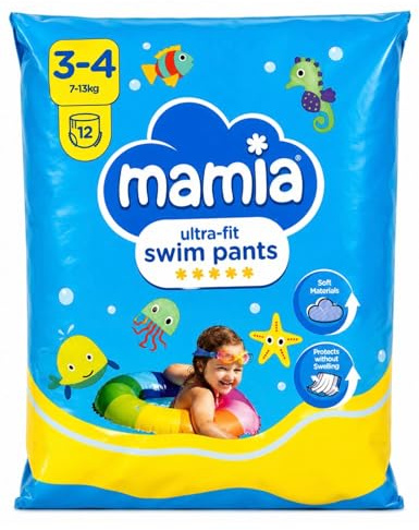 Mamia Ultra-Fit Swim Pants, Size 3-4, 7-13kg, Soft Materials, Dual Leakage Barriers, Stretchy Waistband, 12 Pack