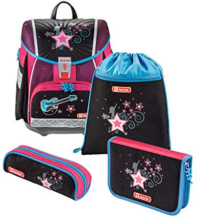 Step by Step Schulranzen-Set Touch 2 „Popstar“ 4-teilig, rosa-schwarz, Sterne-Design, ergonomischer Tornister mit Reflektoren, höhenverstellbar für Mädchen 1. Klasse, 21L
