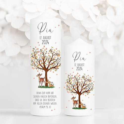 Cierge de baptême pour garçon et Fille - Arbre de Vie en Filigrane avec Fleurs, Chevreuil et Lapin - Cierge de baptême avec Prénom, Date sans Texte - Bougie 25 x 7 cm