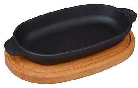 BRIZOLL Ovale Servierpfanne18 x 10 cm Gusseisen Servierpfännchen Holzuntersetzer Btatpfanne (18x10 mit Brett)