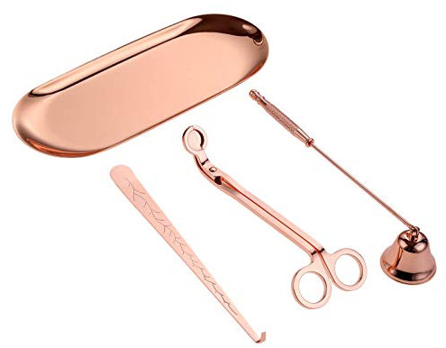 MUXSAM 4pcs Kerzenzubehör-Sets Kerzenabdeckung Rundkopf-Kerzenschere und Kerzenhaken aus Edellstahl Einfaches Nordisches Duftkerzentablett,Rose Gold