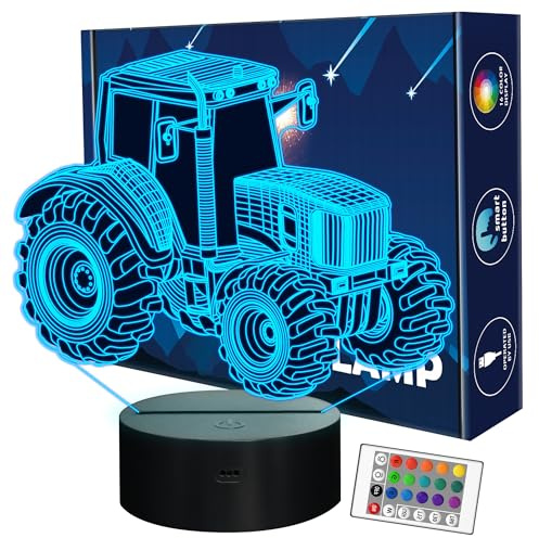 Traktor 3D Illusionslampe Geburtstagsgeschenk Nachtlicht Kinder Nachttischlampe, FULLOSUN 16 Farben Auto Changing Touch Switch Schreibtisch Dekoration Lampen for Junge Männer