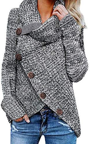 Tuopuda Femme Pull à Manches Longues Chandail Elégant Pullover Col Roulé Hauts Tricot Sweater avec Boutonné Croisé Tricot Décontracté Ourlet Asymétrique Automne Hiver, Gris, M
