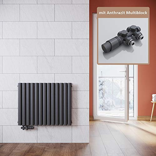 Elegante radiatore moderno antracite, 600 x 767 mm, con termostato multiblock, design orizzontale, a doppio strato, collegamento centrale.