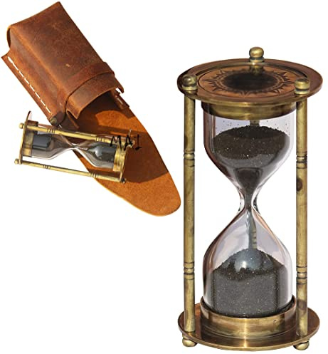 Antique Sand Timer 1 Minute Duration Decorative Nautical Vintage Style Brass Hourglass Safety Leather Case Clock Unique Hour Glass Sandglass for Office Desk Home Kitchen by Marine International